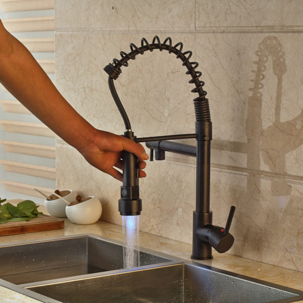 LED Color Changing Bronze Dual Spout Kitchen Faucet Tap