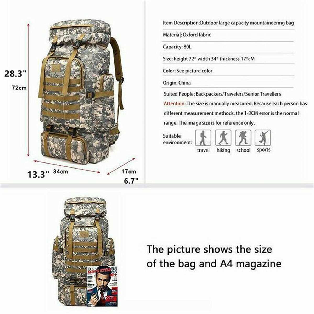 Wayfairmarket 14225-ia3y2e 80L Outdoor Military Oxford Backpack  